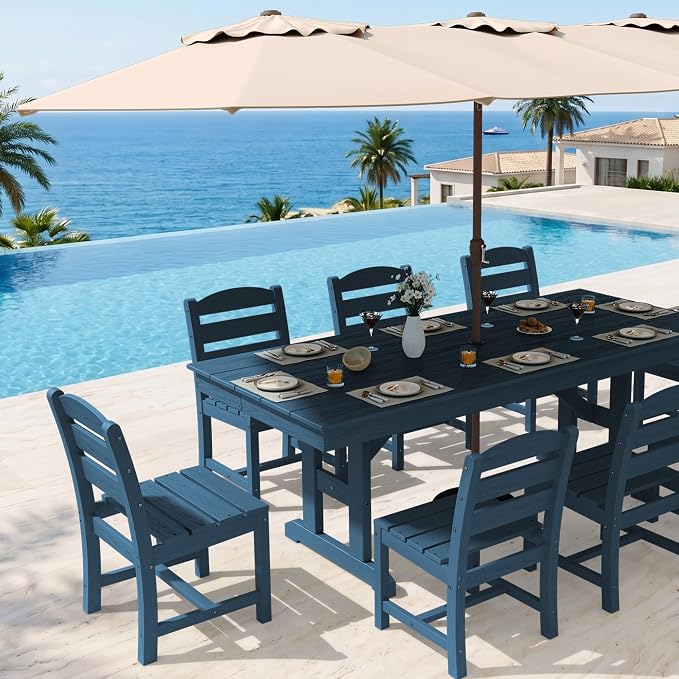 KINGYES 8-Person Outdoor Patio Dining Set with Patio Umbrella,84 inch HDPE Rectangular Table and Chairs Set，Waterproof Furniture Set with Umbrella Hole for Backyard,Blue