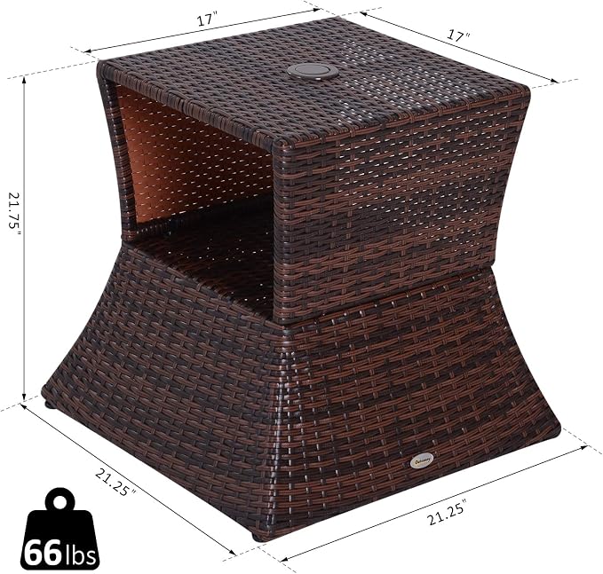 Outsunny Outdoor Side Table with Umbrella Hole, 2 Tier Rattan Wicker End Table with Storage Shelf, All Weather for Patio, Garden, Backyard, Mixed Brown