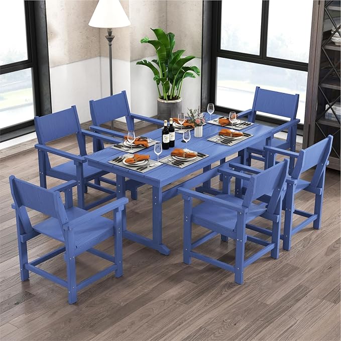 7-Piece HDPE Outdoor Patio Dining Set,Outdoor Table and Chairs,Modern Plastic Dining Sets with Umbrella Hole Cut-Out Table and 6 Chairs Navy