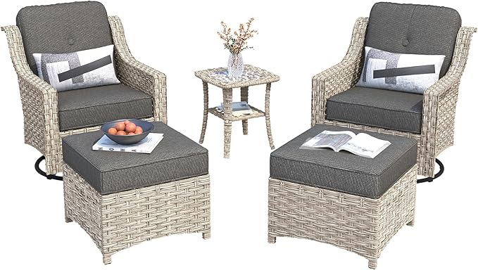 HOOOWOOO Patio Furniture Set,5 Pieces Wicker Outdoor Furniture,High Back Conversation Set with All Weather Resistant Swivel Chairs with Ottoman Side Table,Black