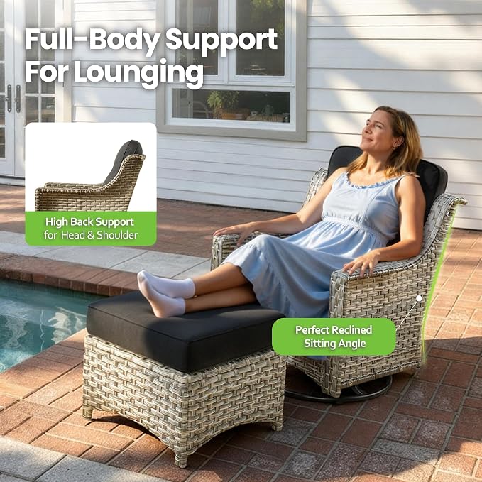 6 Piece Patio Furniture Set with Fire Pit Table, Conversation Sets with High Back Swivel Rocker Chairs, Outdoor Wicker Sofa Loveseat with Comfy Cushion for Backyard Deck Garden, Black