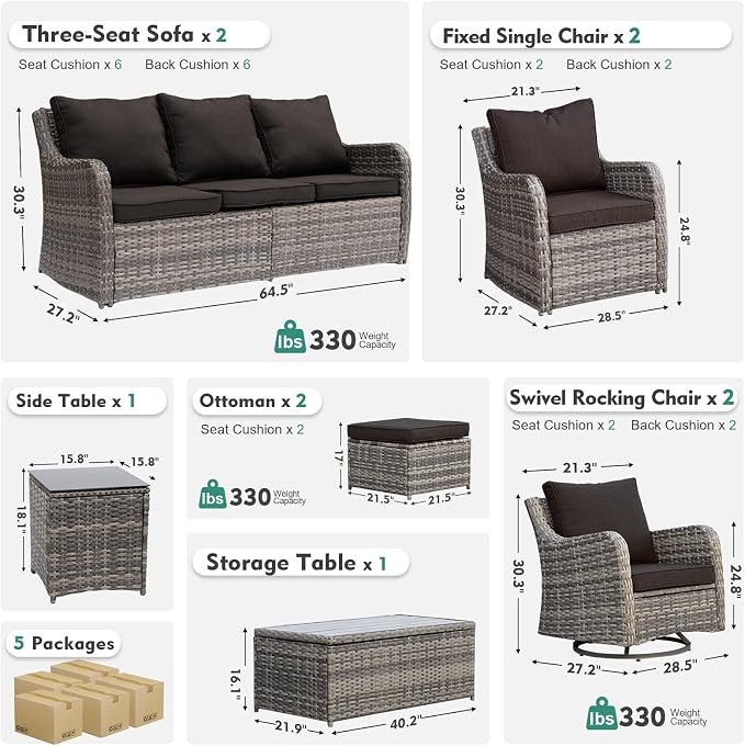 MEISSALIVVE Outdoor Patio Furniture Set with Swivel Chair, 10 Pieces Patio Conversation Set, Patio Sectional Furniture Set with 2 Three-seat Sofa, 2 Fixed Single Chair and Coffee Table (Black)