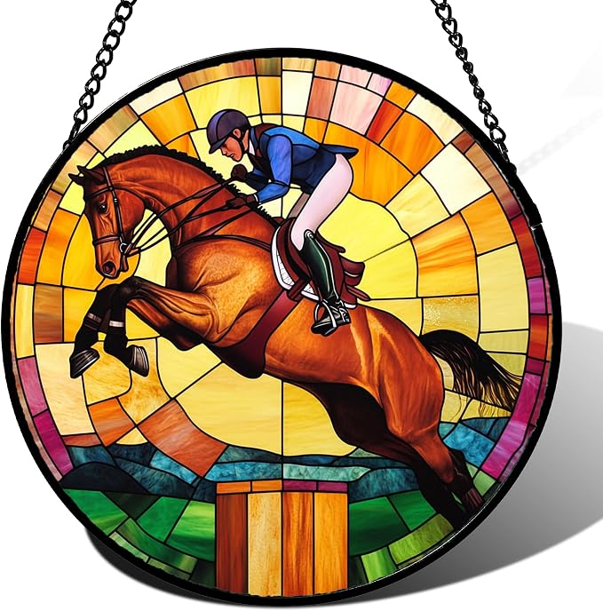 DASTOLL Stained Glass Window Hanging Equestrian Sports 6.3" - Horse Suncatcher Door Garden Sunroom Sun Catcher Home Decor Birthday Christmas for Mom Men Woman Nana