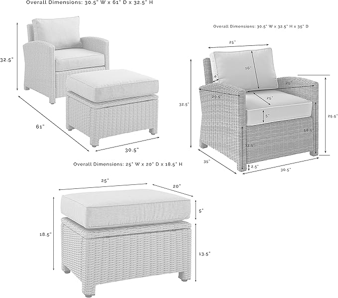 Crosley Furniture Bradenton 2-Piece Outdoor Chair and Ottoman Set, Wicker Patio Conversation Sets for Porch, Brown with Gray Cushions