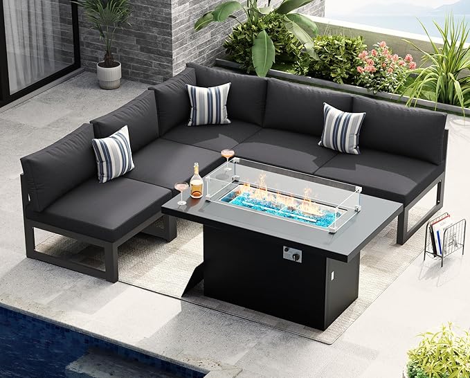 NICESOUL 5 Seat Oversized Modern Aluminum Patio Furniture Set, All Weather Rust Proof Modular Sectional Sofa with Fire Pit Table, 500 lbs Heavy Duty Comfortable Outdoor Couch for Backyard, Dark Gray