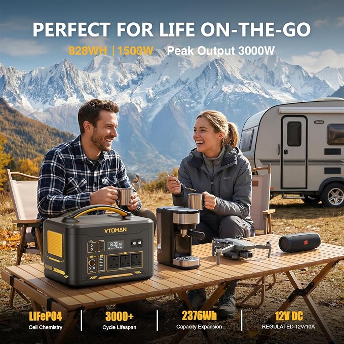 VTOMAN Jump 1500X Portable Power Station with Jump Start, 828Wh LiFePO4 Battery 1500W AC Outlets (3000W Surge) /100W USB-C Output Fast Charge, Solar Generator for for Outdoor, Camping, Outages Backup