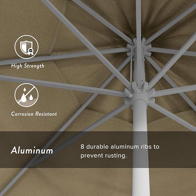 California Umbrella 12-Year Protection 9' Rd Aluminum Patio Umbrella, Crank Lift, Auto Tilt, White Finish, Sunbrella Antique Beige