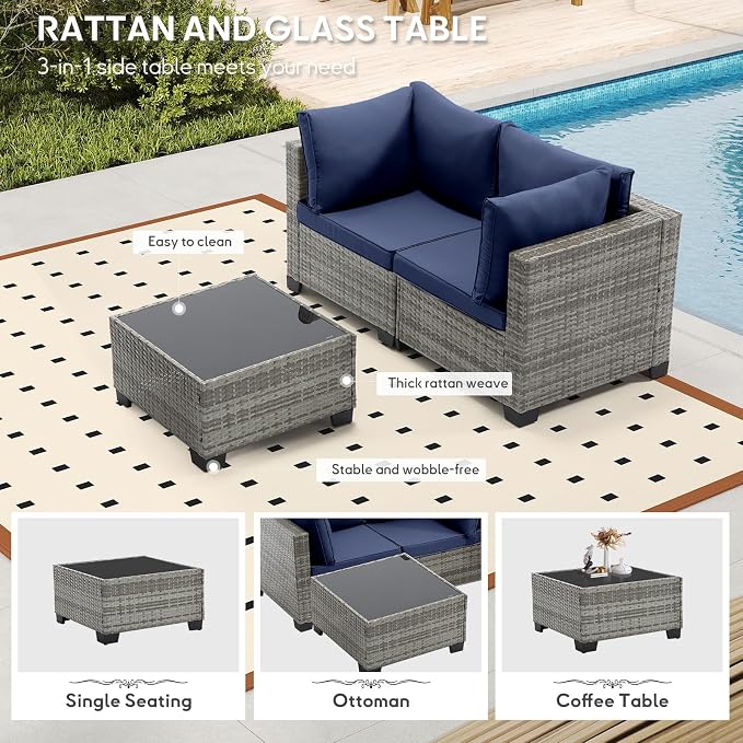Bonzy Home 3 Pieces Outdoor Patio Furniture Set, PE Rattan Outdoor Sectional Furniture Sofa Set with Removable Cover and Glass Coffee Table, Patio Sofa for Balcony, Porch, Garden, (Grey-Navy Blue)