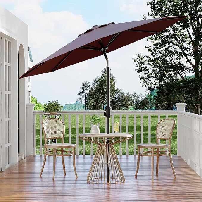 Garvee 9 ft Patio Umbrella - 8 Sturdy Ribs Outdoor Table Umbrella with Crank Lift & Push Button Tilt - Market Umbrella for Pool, Deck, Yard, Garden - Dark Red