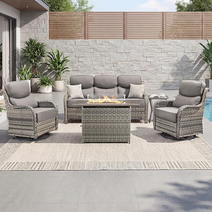 Luxury Patio Furniture Set with 6-inch Thick Cushion, Outdoor Furniture with Fire Pit Table, Swivel Chairs, Side Table, Sofa, 5pcs Wicker Conversation Set for Deck Yard Grey Wicker | Grey Cushions