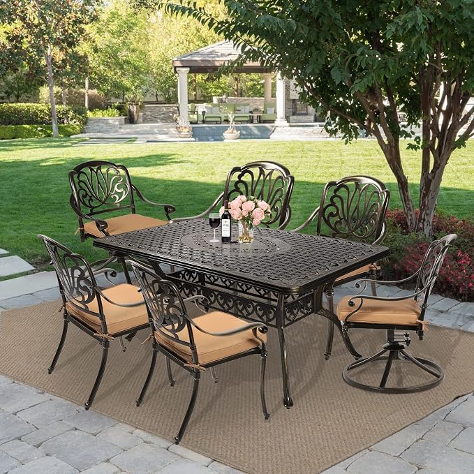MEETWARM 7-Piece Outdoor Patio Dining Set, All-Weather Cast Aluminum Patio Conversation Set with 2 Swivel Rocker Chairs, 4 Stationary, 1 Rectangular Table, 6 Cushions, 2" Umbrella Hole