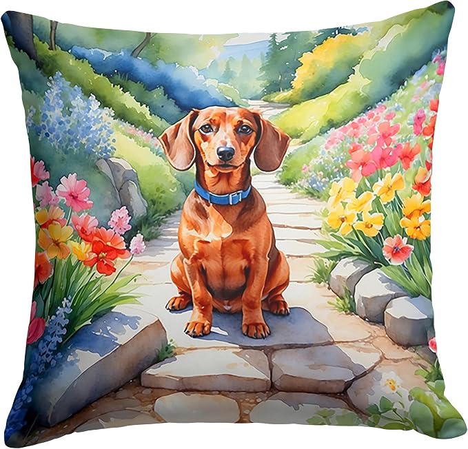 Caroline's Treasures Dachshund Spring Path Throw Pillow Machine Washable, Indoor Outdoor Decorative Pillow for Couch, Bed or Patio, 18Hx18W