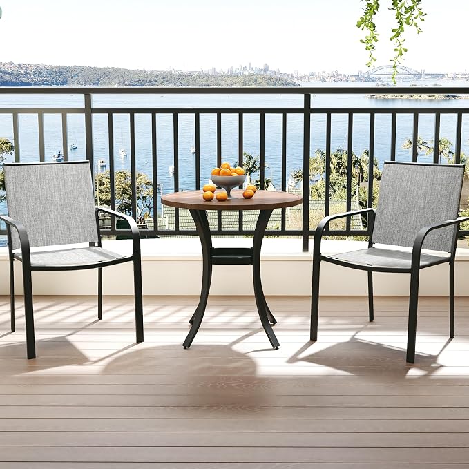 Anmutig Outdoor Bistro Set for 2, Stackable Chairs & Metal Table, Grey | Weather-Resistant Textilene, Black Powder-Coated Steel Frame, Storage Shelf, Easy Assembly, Balcony, Deck, Poolside Use