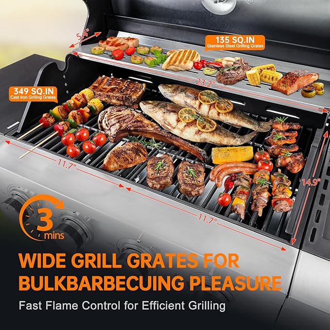 4 Burner Propane Gas Grill with Side Burner, Stainless Steel BBQ Grill 48,500 BTU for Outdoor Cooking Kitchen, Garden and Patio Backyard Barbecue, Dark Black and Silver