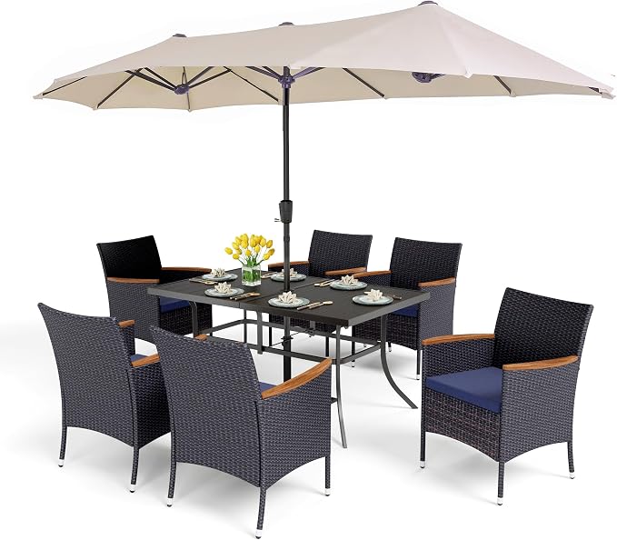 PHI VILLA 7pc Patio Dining Set w/Umbrella, Rectangular Table, Rattan Chairs | Outdoor Dining Set for 6, 60" Metal Table & 6 Cushioned Rattan Chairs with Beige Umbrella for Outdoor, Deck, Yard, Porch