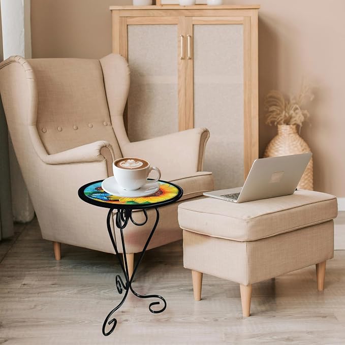 Sunflower Butterfly Side Table with Glass Top & Metal Base Furniture Decor | Manortang; 12 Inch; Side Table; Glass Top & Metal Base; Living Room Decor; handicrafts; Indoor & Outdoor; Great gift choice