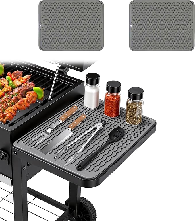 2 Pack Silicone Grill Tools Mat for Blackstone Weber Traeger Pit Boss Flat Top Grill Smoker,BBQ Accessories Pad Mats for Outdoor Kitchen Counter Cooking, Side Shelf Spatula Mat,Gifts for Men (Grey)