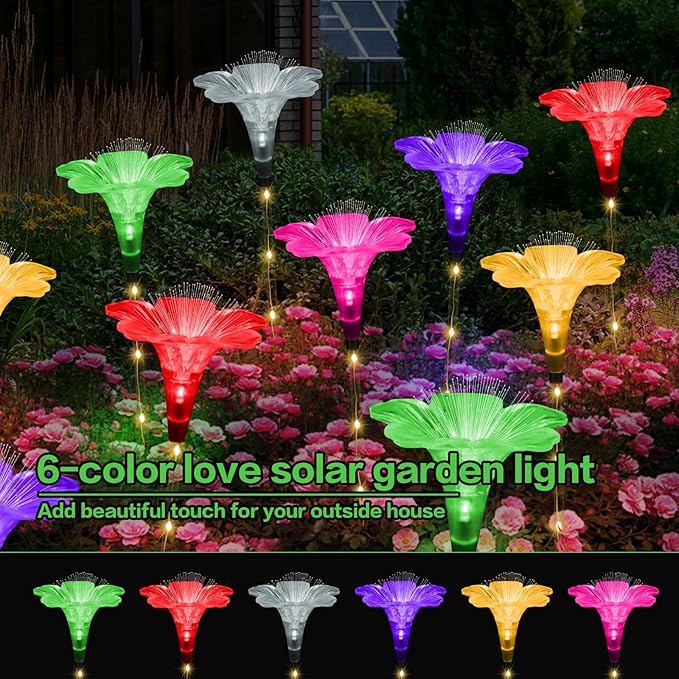 BeHiller Upgraded Solar Garden Light Outside Decorations,Set of 6PCS Multicolor Optical Fiber Bigger Lily Flowers Light Outdoor Waterproof Solar Flowers Lights for Xmas Housewarming Gifts Decor
