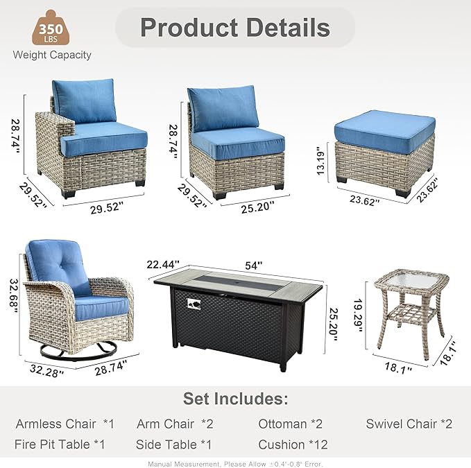 9 Pcs Outdoor Sectional Patio Furniture Set with Fire Pit Table and Swivel Rocking Chairs - All Weather Wicker Modular Outside Sectional Sofa Couch,Patio Seating Outdoor Conversation Sets,Blue