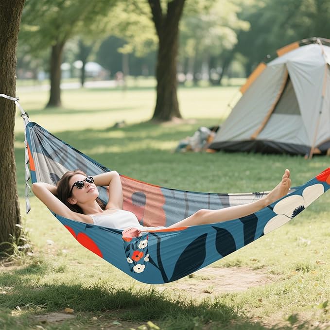 Orange Flowers Blue Background 330lb Capacity Outdoor Hammocks Tree Hammock for Camping Travel Accessories hamaca con soporte para adultos