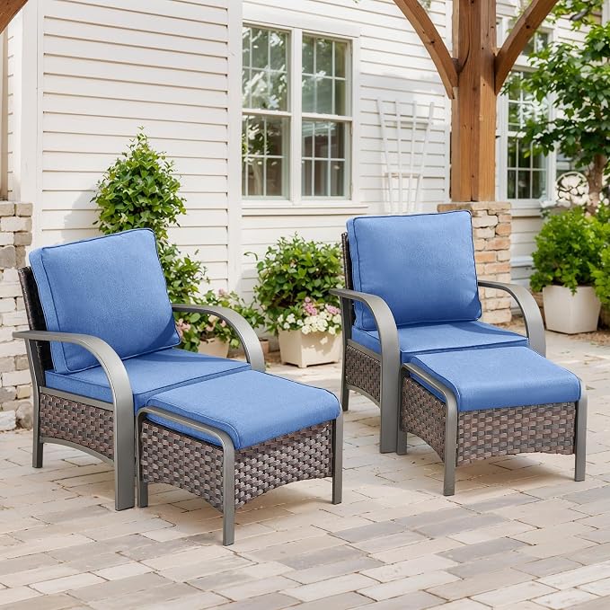 Belord 4 Pieces Wicker Patio Furniture Set Outdoor Patio Chairs with Ottomans All Weather Rattan Outdoor High Back Deep Seating Furniture for Porch Deck Sunroom Backyard