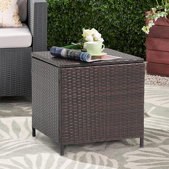 Verano Garden Outdoor Wicker Side Table Set of 2, Small Storage Rattan Wicker End Table, Square Resin Coffee Table for Garden Porch Deck Living Room Backyard