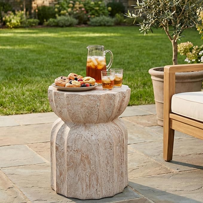 Merax 18.9" H Modern Outdoor Concrete Side Table, Patio End Table with Sculptural Fluted Design, Weather-Resistant Hourglass Shape Accent Table for Garden, Balcony & Poolside, Beige Marble