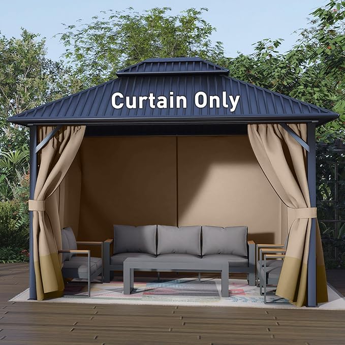 Aoodor 10x13 ft Outdoor Gazebo Curtains, 4 Panels Waterproof Privacy Sidewall Replacement with Zipper for Patio Pergola and Canopy, Sand Yellow and Khaki
