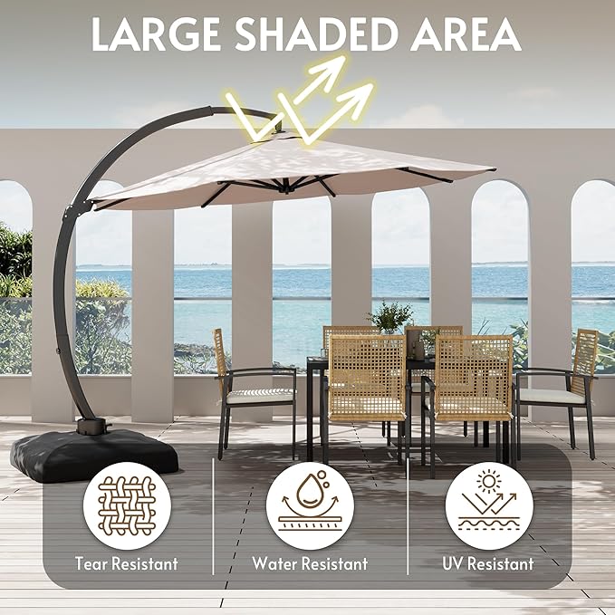 12FT Cantilever Patio Umbrella with Base Included, Large Cantilever umbrella with 360°Rotation, Heavy-Duty Offset Outdoor Umbrella for Patio,Pool,Garden and Backyard (Champagne)
