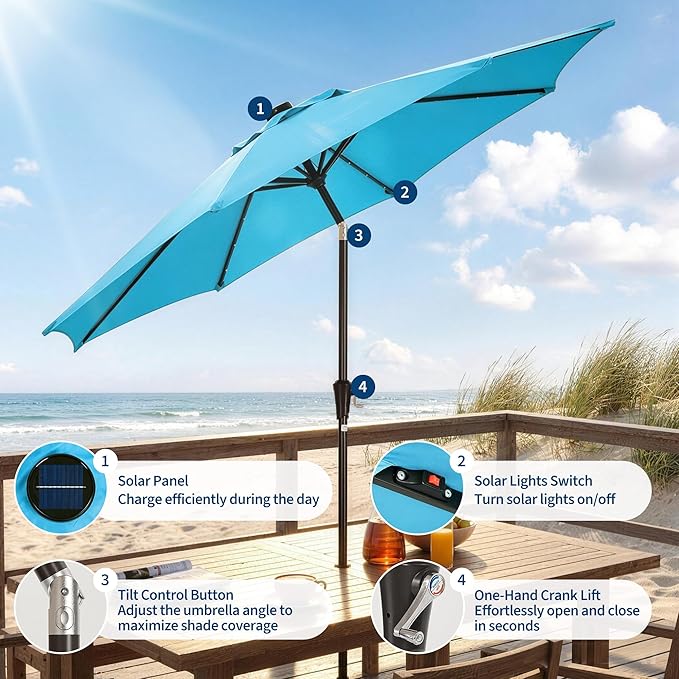 Garvee 10FT Patio Umbrella with 32 Solar LED Lights, Outdoor Table Market Umbrella with Tilt and Crank, 8 Sturdy Iron Ribs Sun Shade for Garden, Deck, Backyard and Pool, Turquoise Blue