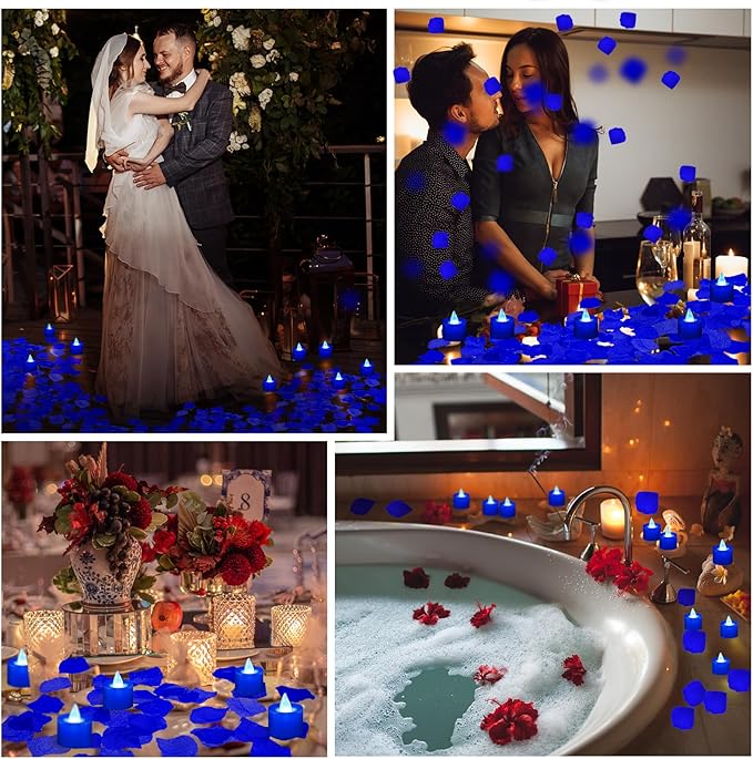 Coume 6000 Pcs Artificial Rose Petals with 72 Pcs Flameless LED Candles Romantic Decorations Fake Candles Anniversary Decorations for Valentine's Day Wedding Night(Blue)