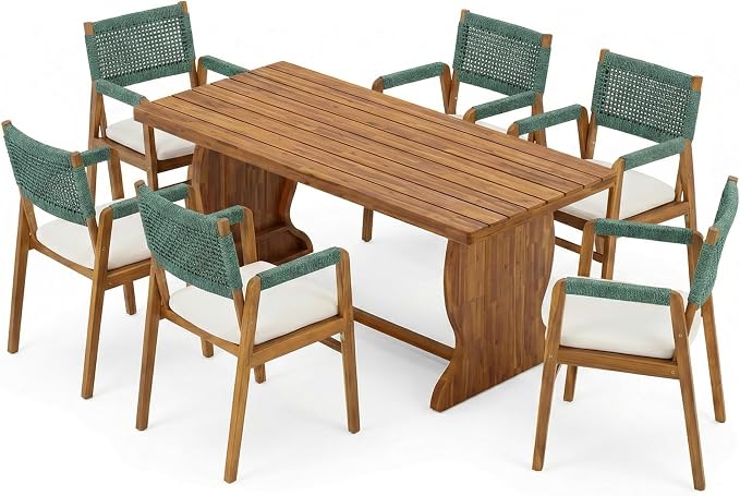 Christopher Knight Home 7-Piece Outdoor Dining Set, 70" Acacia Wood Patio Table, Teak Finish with 6 Armchairs, Beige Cushions & Rope Woven Back, Backyard Garden Deck Furniture Set