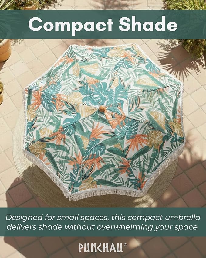 6 Ft Fringe Patio Umbrella - Outdoor Umbrella for Patio, Pool, Table, Garden, Deck, Beach, and Outdoors - Fashionable Boho Vintage Tassels & Wood Print - Push Button Tilt Pole