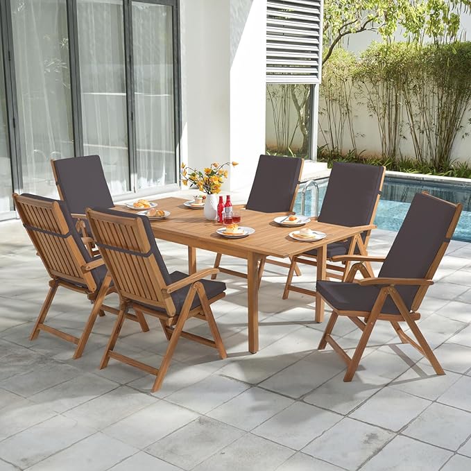 OC Orange-Casual 7 Piece Patio Dining Set, Outdoor Acacia Wood Furniture Set w/Extendable Rectangular Table and 6 Foldable Reclining Chair, Solid Wood, for Deck Garden Backyard, Dark Grey