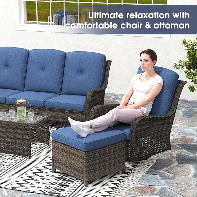 kinbor Outdoor Sectional Furniture - Outdoor Patio Conversation Sets, 7 Pieces Outdoor Sectional Sofas with Swivel Rocking Chair, Brown Wicker Rattan Patio Furniture Set, Navy Blue