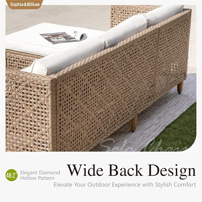 Sophia and William Wicker Patio Furniture Set, L-Shaped Outdoor Sectional Sofas with Ottoman and Acacia Wood Coffee Table, Rattan Outdoor Conversation Set wtih Beige Cushions(6 Seats)