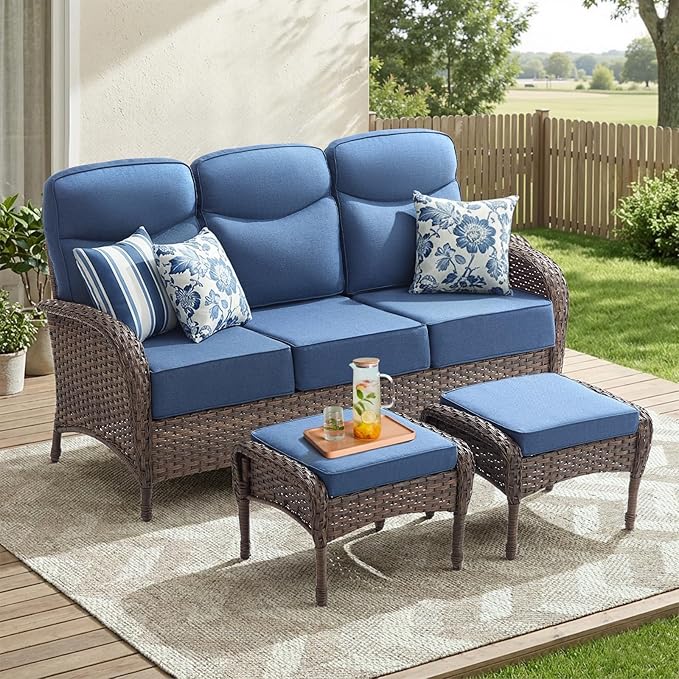 3 Pieces Luxury Patio Furniture Sofa Set with 6-Inch Thick Cushions, Outdoor Wicker Patio Furniture Covered Couch with Multifunctional Ottoman, Patio Conversation Set for Porch Garden, Blue