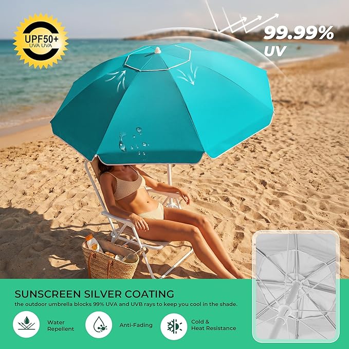 JEAREY 6.5ft Sun Shade Umbrellas, Portable Umbrella with Stand, Lightweight Sun Protection Free Standing Sport Umbrella for Outdoor Sports, Camping, Fishing, Patio, Beach, Peacock Blue