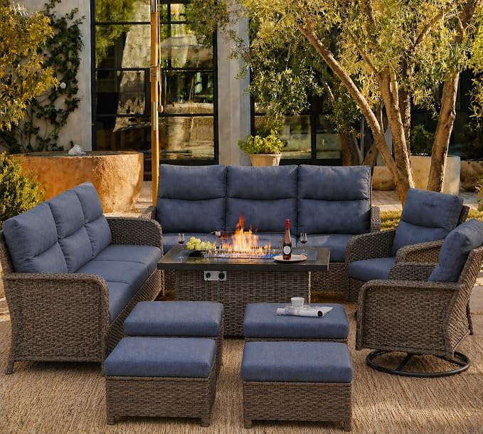 XIAO WEI 9-Piece Outdoor Furniture Set with Fire Pit Table, Wicker Patio Conversation Set with Cushions & Swivel Glide Chairs, All-Weather Patio Furniture Set for Backyard, Garden, Deck (Blue)