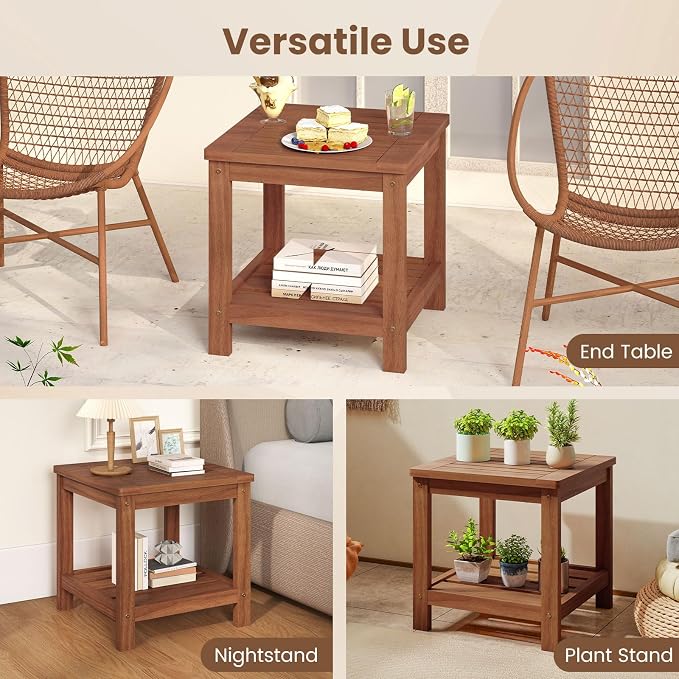 2 Pieces Adirondack Side Table, 2-Tier Square Wood Patio End Tables with Slatted Tabletop Storage Shelf, Accent Small Side Table Indoor Outdoor for Garden, Backyard, Porch & Living Room