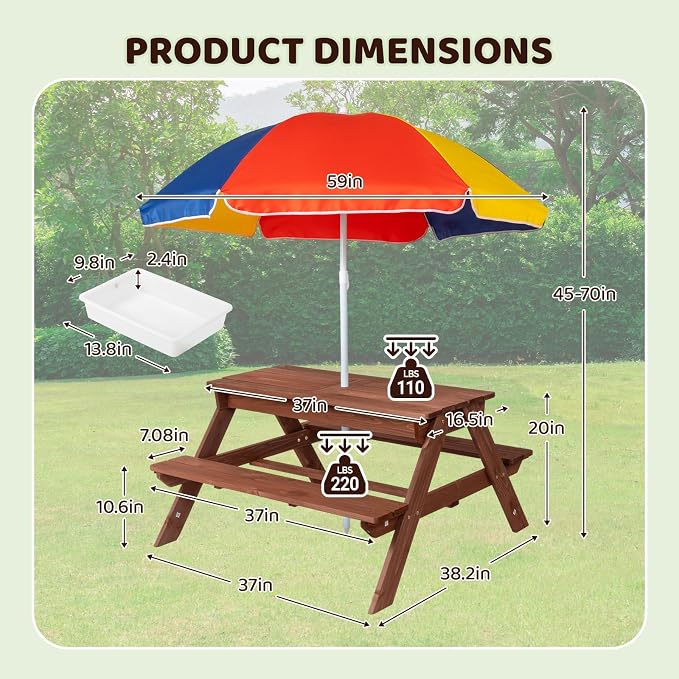 JOYMOR 4-in-1 Kids Picnic Table w/2 Sensory Bins, Cedar Wooden Sand & Water Table with Height Adjustable Umbrella, Wooden Kids Outdoor Picnic Tables for Garden, Backyard, Patio Furniture(Walnut)