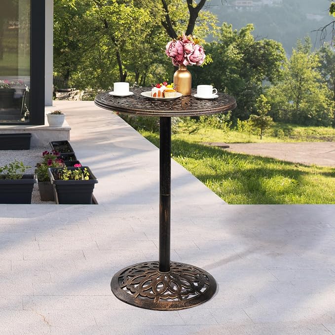 27.5" Cast Aluminum Outdoor Dining Side Table,Round Patio Dining Table,All-Weather Outdoor Dining Table,with Umbrella Hole,for Garden Pool Deck Lawn Backyard (Bronze)