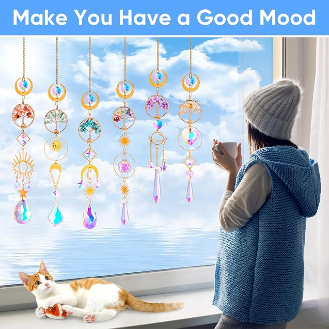 BlumWay Crystal Suncatcher, Hanging Suncatchers with Crystals Light, 6 PCS | Sun Catchers Indoor Window, Crystals Prism Light Catcher, Tree of Life, Crystal Suncatchers Indoor Outdoor, Home Garden Decor