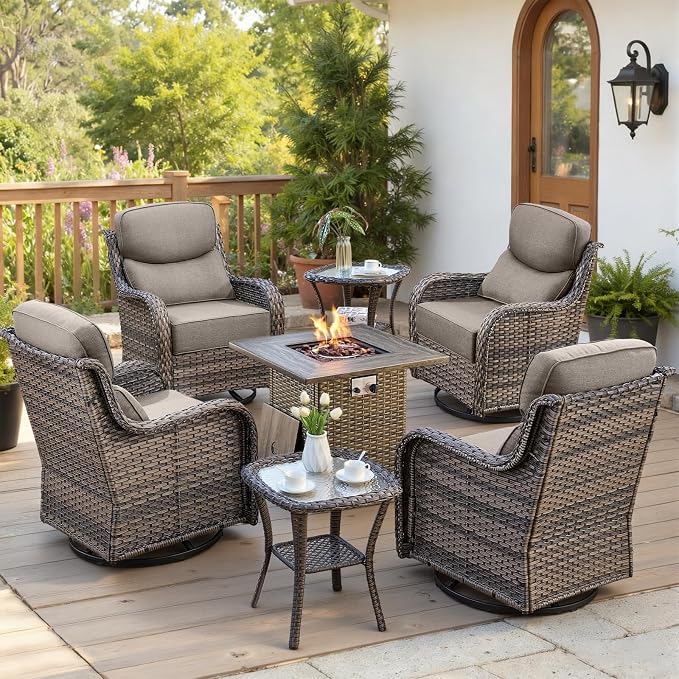 Belord Luxury 6" Thick Cushioned Outdoor Swivel Rocker Chairs Set of 4 with Fire Pit Table, High Back Wicker Patio Furniture Set with Ergonomic Zone Back, Conversation Set for Deck Porch - Grey+Grey