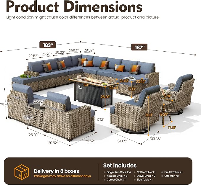 HOOOWOOO Sectional Patio Furniture Set with Fire Pit Table,17 Pieces Wicker Outdoor Furniture L Shaped Couch,Outside Conversation Set Extra Deep Sofa Wide Arm Swivel Chairs Ottoman Light,Denim Blue