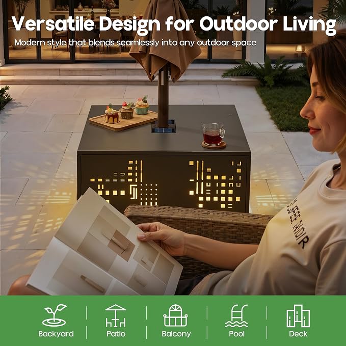 27" Outdoor Coffee Table with Solar Ambient Light & Umbrella Hole, All-Weather Rust-Resistant Metal Patio Table for Backyard Gatherings, Poolside, Small Balconies & Outdoor Living Spaces, Dark Grey