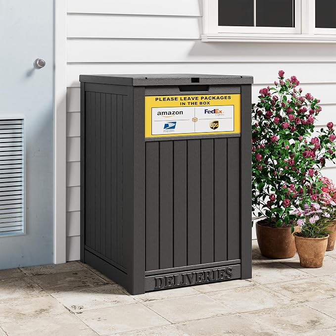 Package Delivery Box for Outside With Sign, Lockable Outdoor Storage Box Waterproof Deck Box, Large Double Wall Resin Parcel Drop Boxes, 48 Gallon, Classic Black