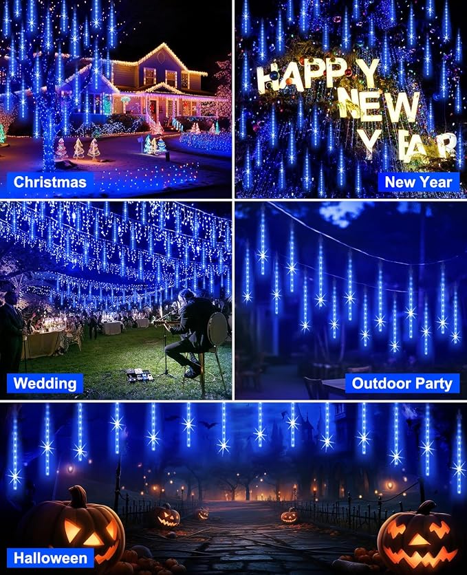 Meteor Shower Lights Outdoor Easter Lights UL Certified Falling Rain Drop Snowfall Icicle Cascading String Light for Xmas Holiday Tree Wedding Party Garden Decor Blue, 12 Inch 10 Tubes