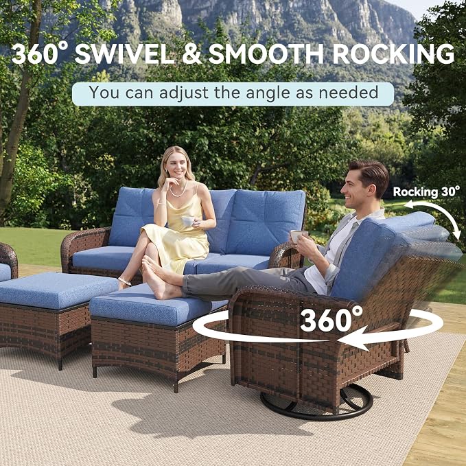 LazySunsets 12 Piece Outdoor Patio Furniture Set with 44'' Fire Pit Table, Wicker Rattan Outdoor Furniture with High Back Swivel Rocker Chairs, Outdoor Sofa Set with Thick Cushion & Ottoman, Navy Blue
