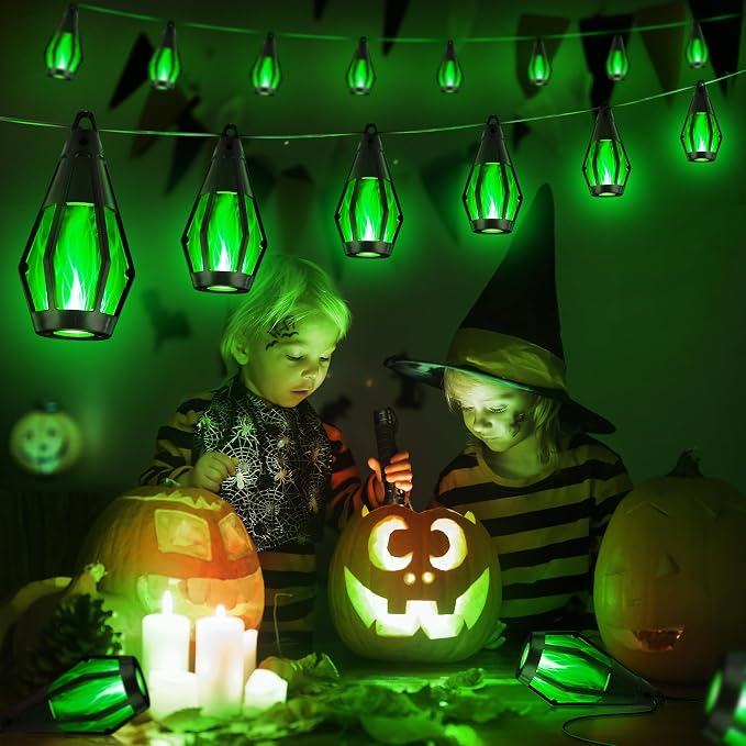 iBaycon 42FT 15 LED Solar Flame Halloween String Lights Outdoor, Green | Ultra-Real Flickering Flame Lamp Outdoor Waterproof, Solar Patio String Lights for Garden Yard Lawn Halloween Decorations